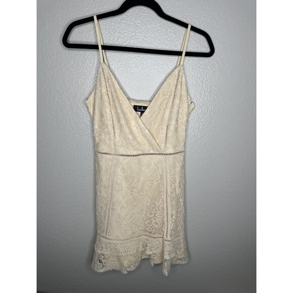 Lulus Dress Womens Small Ivory Lace Surplice Spaghetti Strap Scallop Hem Lined - Picture 1 of 7